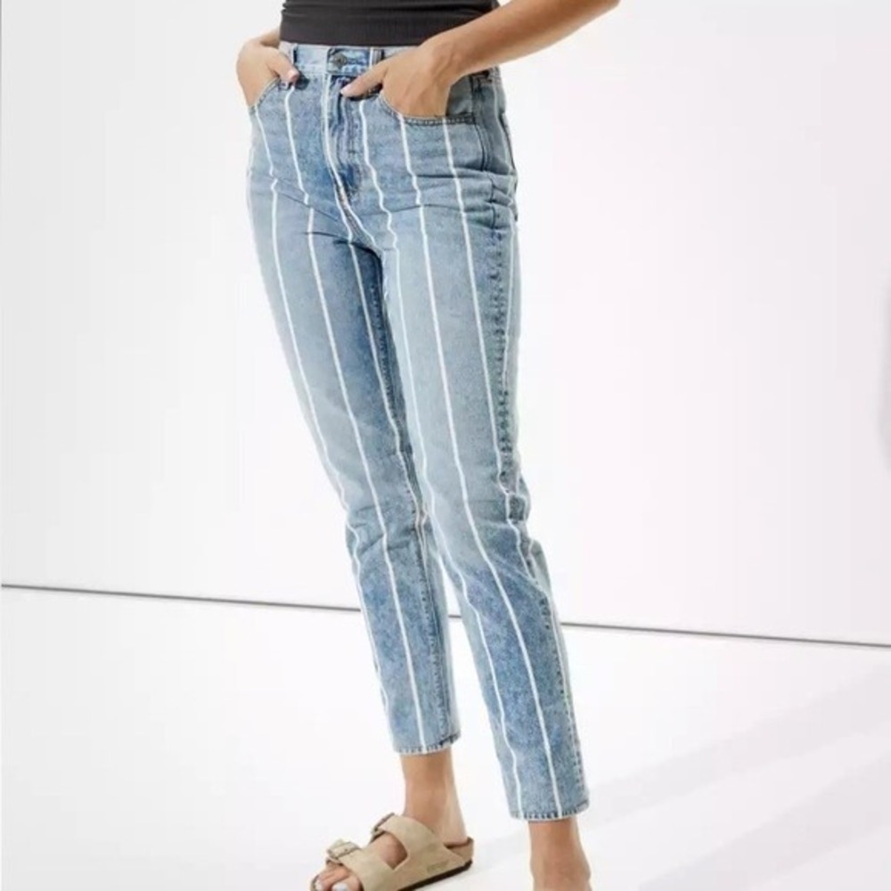 American Eagle Mom Jeans Retro Indigo Stripe High Waist Denim Women's 4 X-Long‎